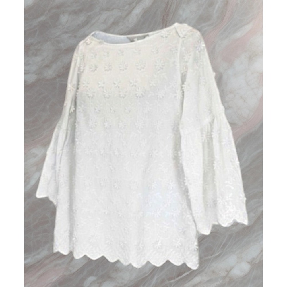 Soft Surroundings White Embroidered Scalloped Edge Bell Sleeve Top M Fairycore